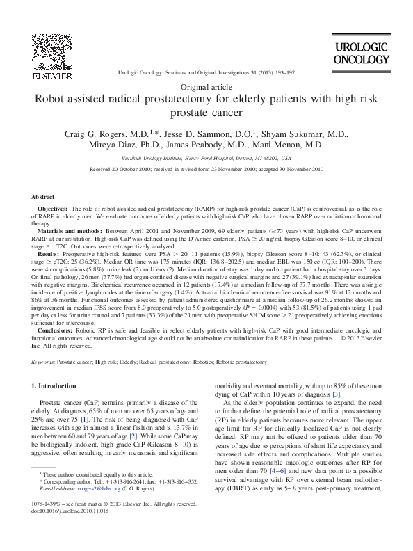 (PDF) Robot assisted radical prostatectomy for elderly patients with ...