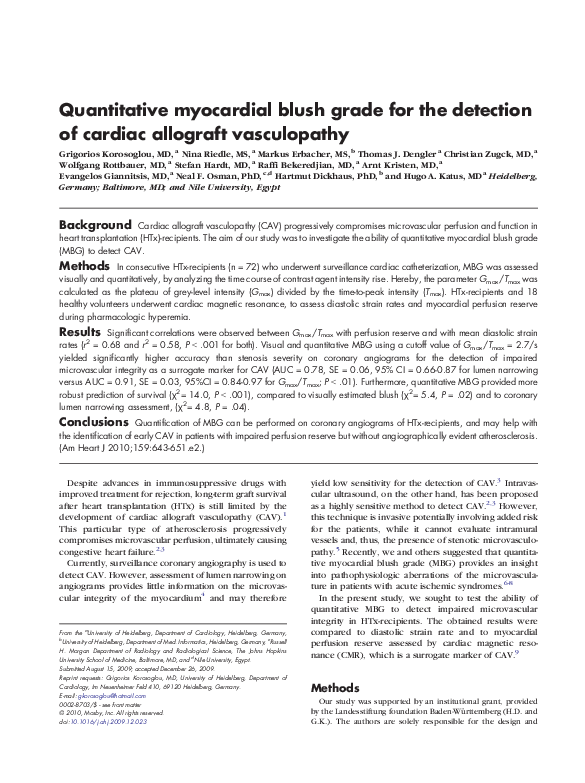 (PDF) Quantitative myocardial blush grade for the detection of cardiac