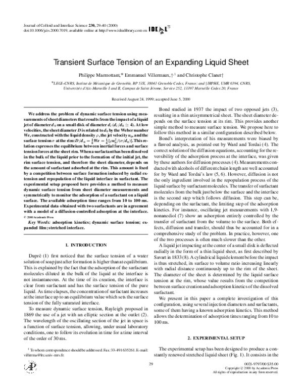 (PDF) Transient Surface Tension of an Expanding Liquid Sheet