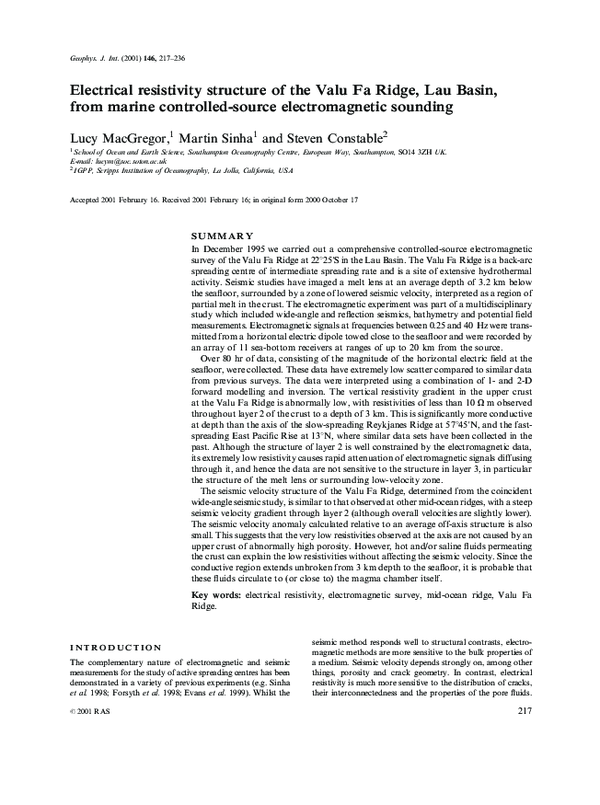 (PDF) Electrical resistivity structure of the Valu Fa Ridge, Lau Basin ...