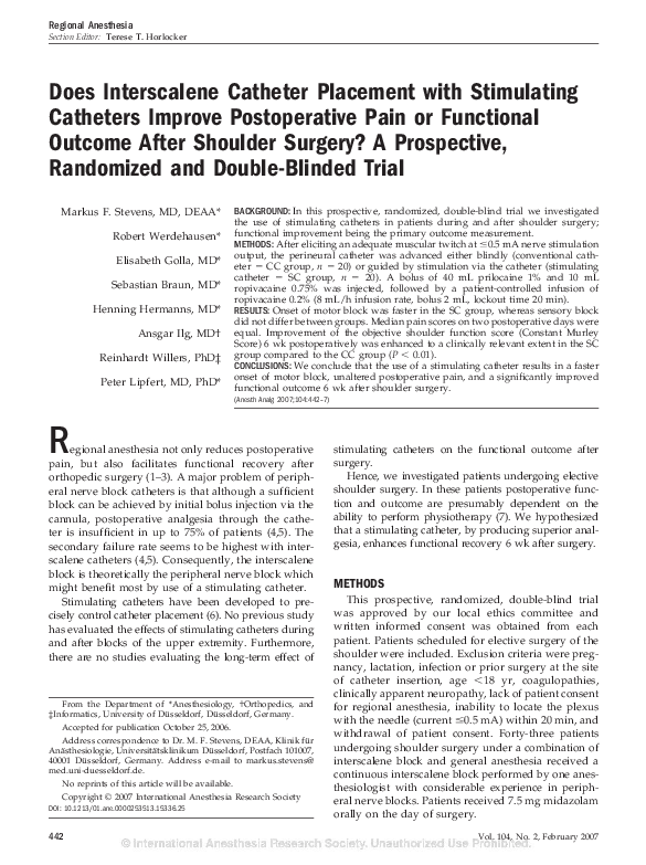 (PDF) Does Interscalene Catheter Placement with Stimulating Catheters
