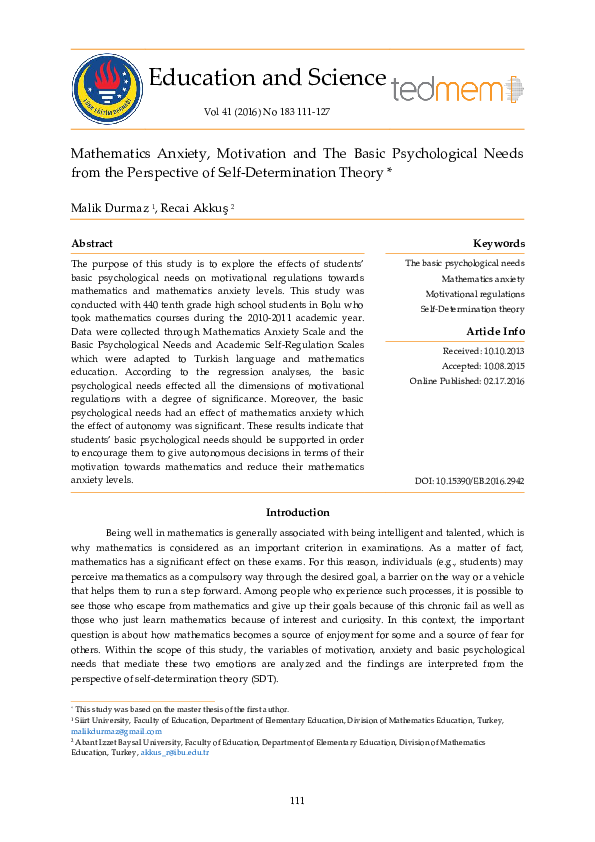 (PDF) Mathematics Anxiety, Motivation and The Basic Psychological Needs ...