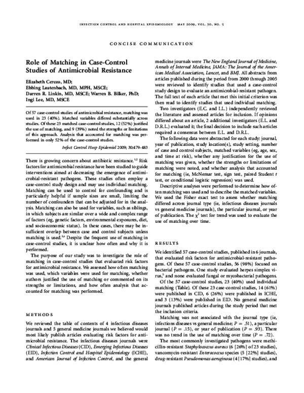 (PDF) Role of Matching in Case‐Control Studies of Antimicrobial Resistance