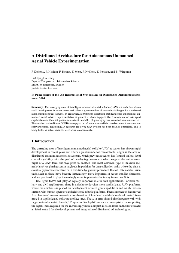 (PDF) A distributed architecture for autonomous unmanned aerial vehicle ...