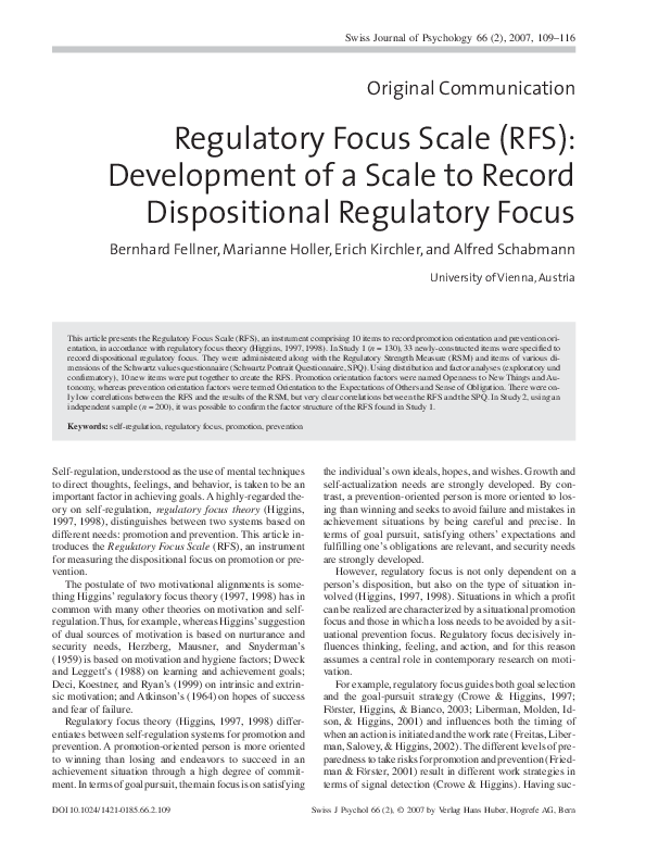 (PDF) Regulatory Focus Scale (RFS) Development of a Scale to Record Dispositional Regulatory