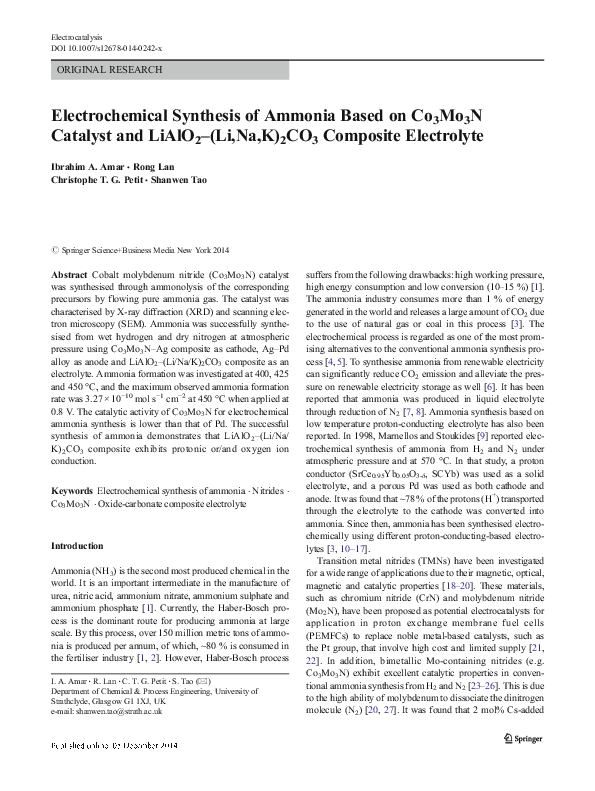 (PDF) Electrochemical synthesis of ammonia based on a carbonate-oxide ...