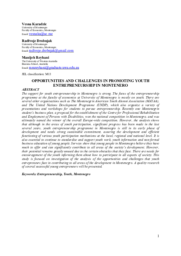 (PDF) OPPORTUNITIES AND CHALLENGES IN PROMOTING YOUTH ENTREPRENEURSHIP ...