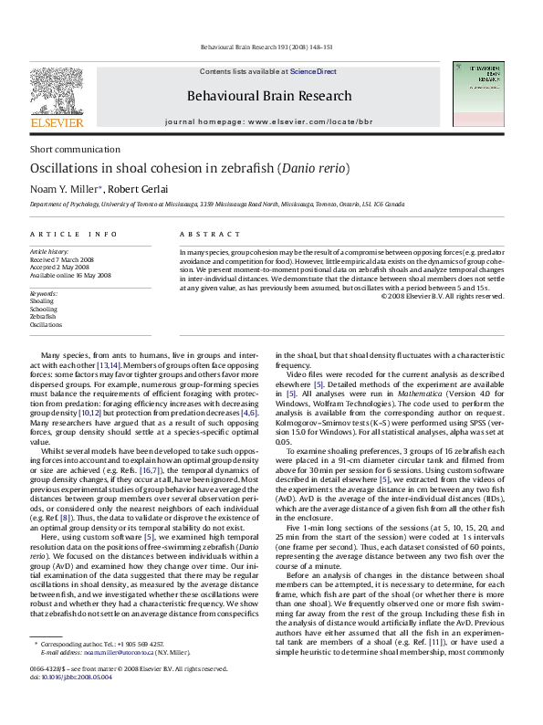 (PDF) Oscillations in shoal cohesion in zebrafish (Danio rerio)