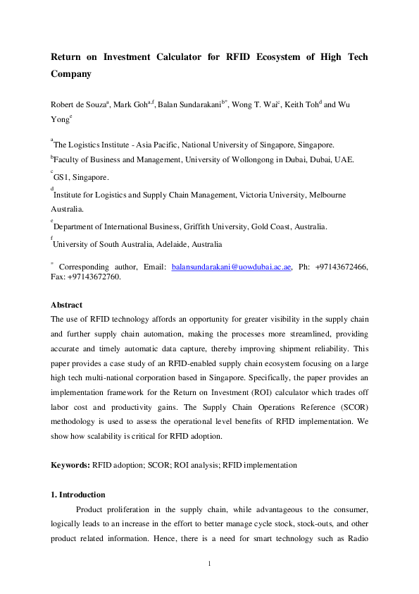 (PDF) Return on investment calculator for RFID ecosystem of high tech