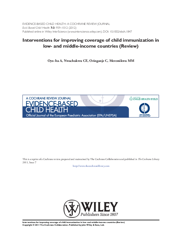 (PDF) Interventions for improving coverage of child immunization in low ...