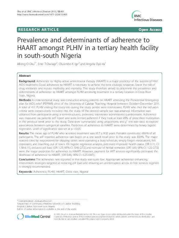 (PDF) Prevalence and determinants of adherence to HAART amongst PLHIV ...