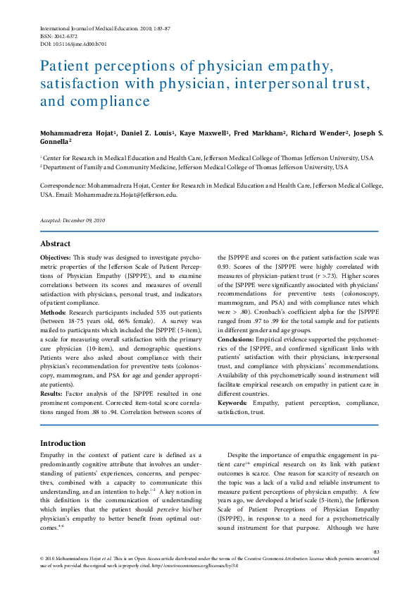 (PDF) Patient perceptions of physician empathy, satisfaction with ...