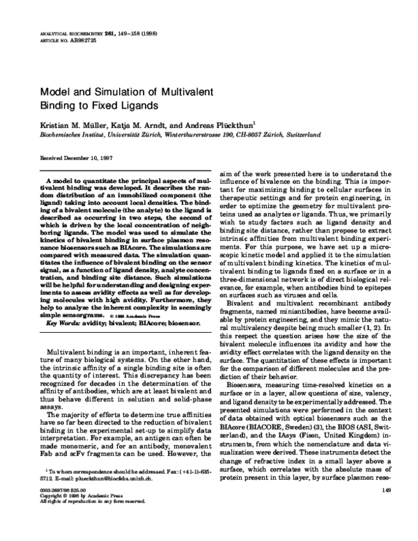 (PDF) Model and Simulation of Multivalent Binding to Fixed Ligands