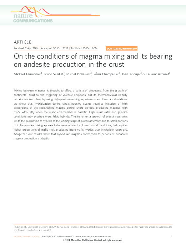 (PDF) On the conditions of magma mixing and its bearing on andesite ...