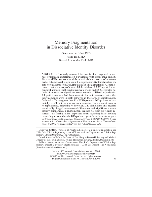 (PDF) Memory Fragmentation in Dissociative Identity Disorder
