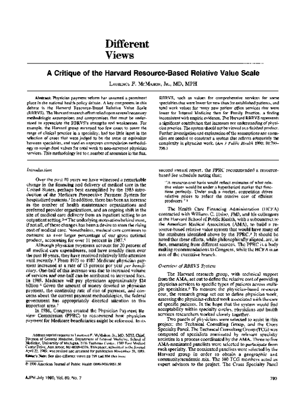 (PDF) A critique of the Harvard Resource-Based Relative Value Scale
