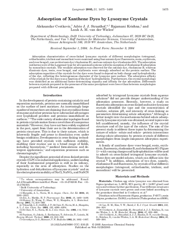 (PDF) Adsorption of Xanthene Dyes by Lysozyme Crystals Adrie