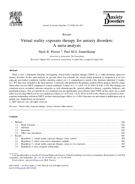 (PDF) Virtual reality exposure therapy for anxiety disorders A meta