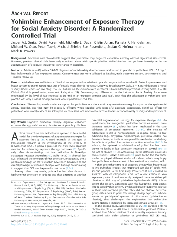 (PDF) Yohimbine Enhancement of Exposure Therapy for Social Anxiety