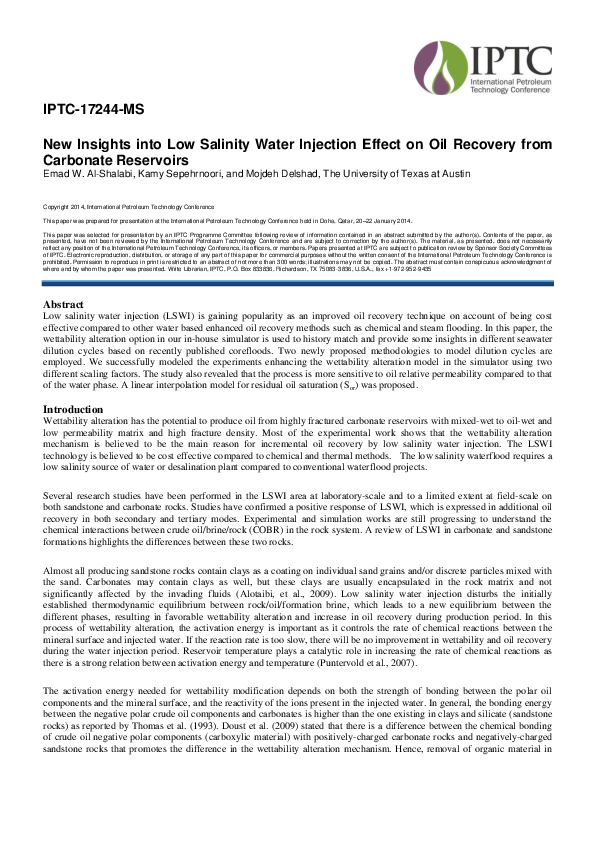 (PDF) New Insights into the Low Salinity Water Injection Effect on Oil ...