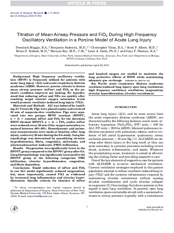 (PDF) Titration of Mean Airway Pressure and FiO2 During High Frequency