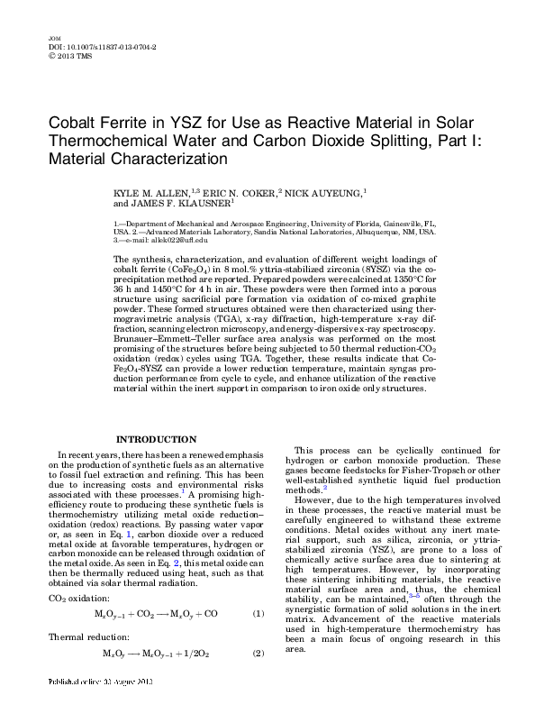 (PDF) Cobalt Ferrite in YSZ for Use as Reactive Material in Solar