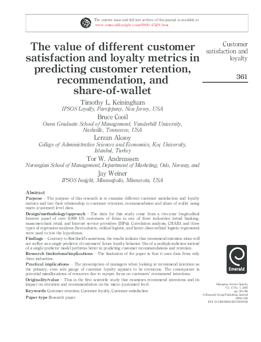 (PDF) The value of different customer satisfaction and loyalty metrics ...