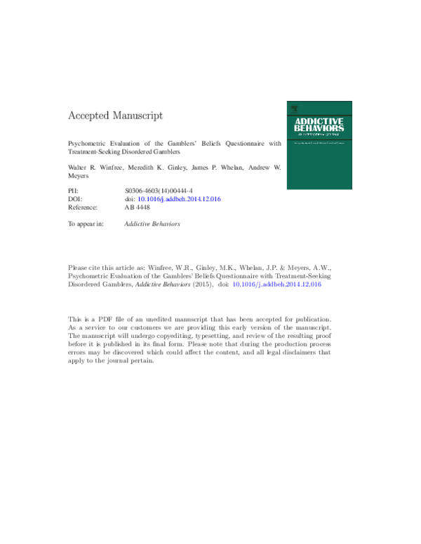 (PDF) Psychometric evaluation of the gambling self-efficacy ...