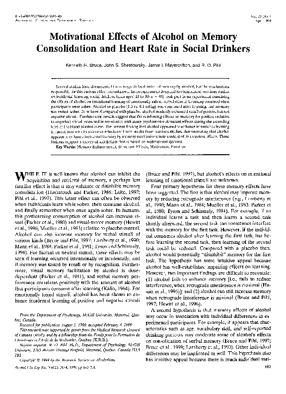 (PDF) Motivational Effects of Alcohol on Memory Consolidation and Heart ...