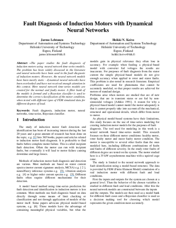 (PDF) Fault Diagnosis of Induction Motors with Dynamical Neural Networks
