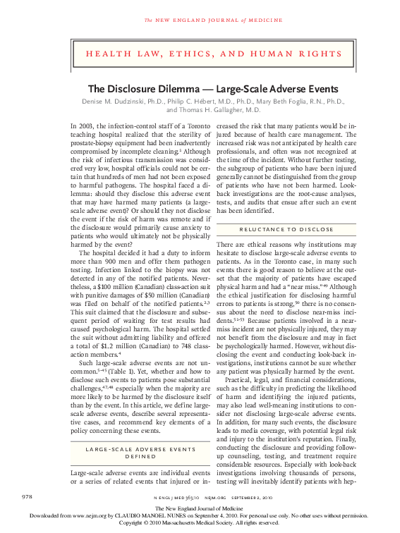 (PDF) The Disclosure Dilemma — Large-Scale Adverse Events