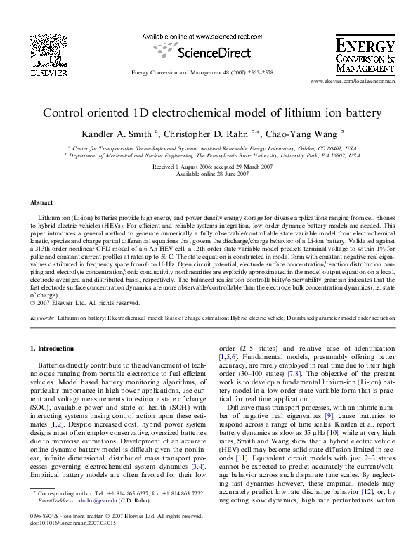 (PDF) Control oriented 1D electrochemical model of lithium ion battery