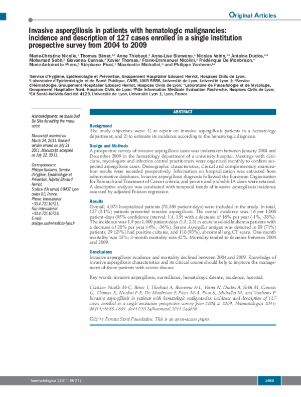 (PDF) Invasive aspergillosis in patients with hematologic malignancies ...