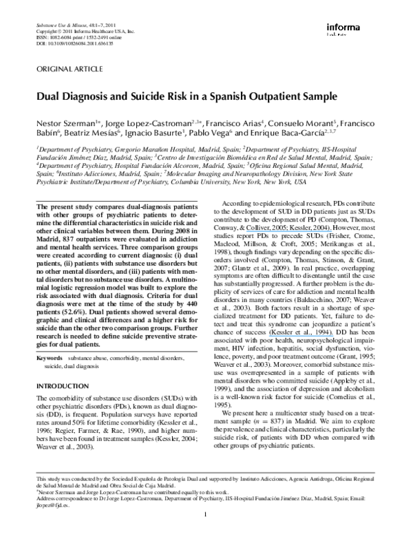 (PDF) Dual Diagnosis and Suicide Risk in a Spanish Outpatient Sample