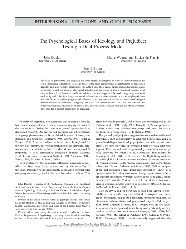 (PDF) The psychological bases of ideology and prejudice: Testing a dual ...