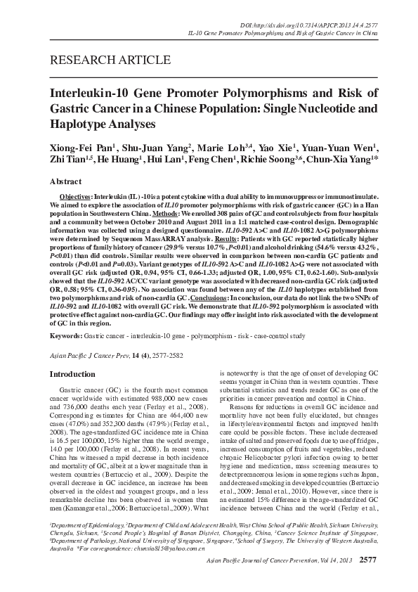 (PDF) Interleukin-10 gene promoter polymorphisms and risk of gastric ...