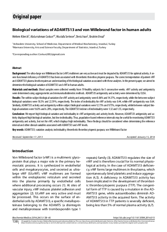 (PDF) Biological variations of ADAMTS13 and von Willebrand factor in ...