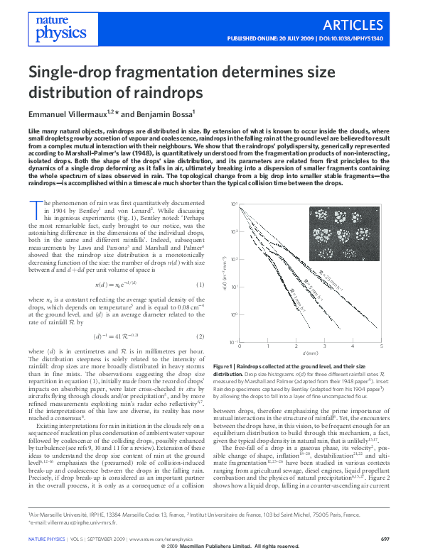 (PDF) Single-drop fragmentation determines size distribution of raindrops