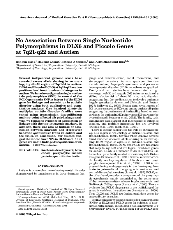 (PDF) No association between single nucleotide polymorphisms in DLX6 ...