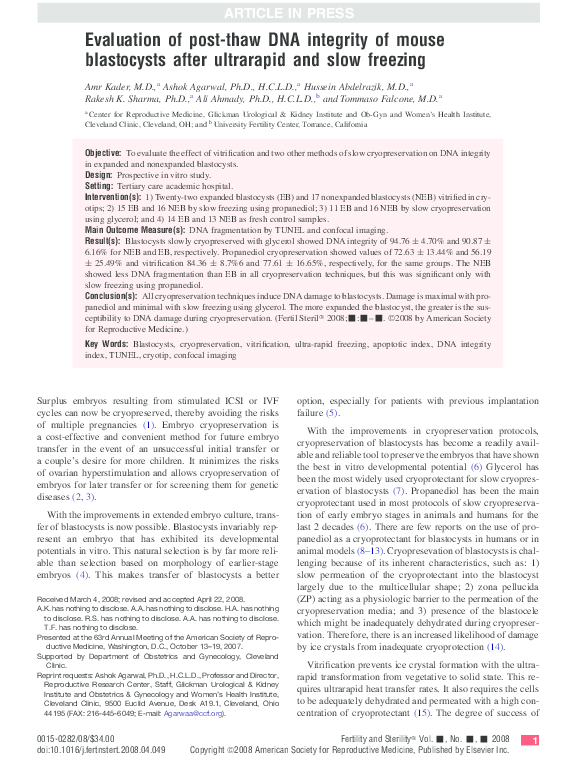 Visual Reference: Pdf Evaluation Of Post Thaw Dna Integrity Of Mouse Blastocysts
