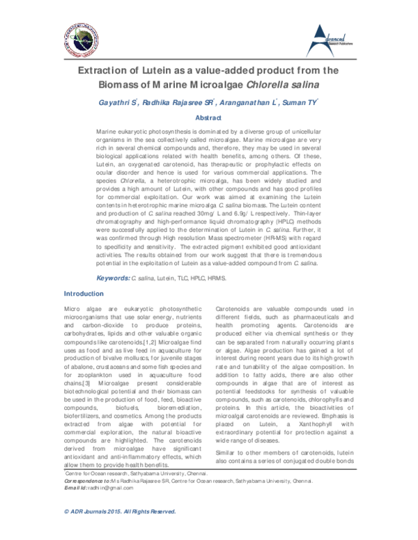 (PDF) Extraction of Lutein as a value-added product from the Biomass of ...