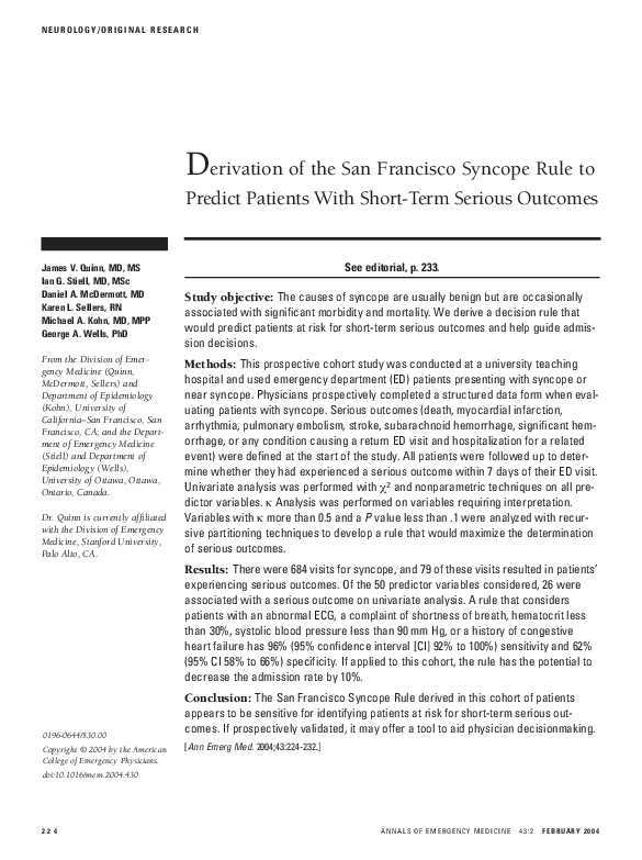 (PDF) Derivation of the San Francisco Syncope Rule to predict patients ...