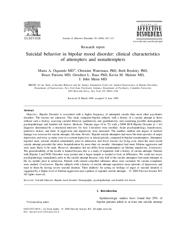 (PDF) Suicidal behavior in bipolar mood disorder: clinical ...