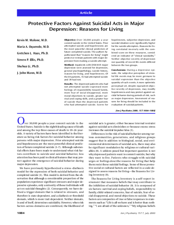 (PDF) Protective Factors Against Suicidal Acts in Major Depression ...