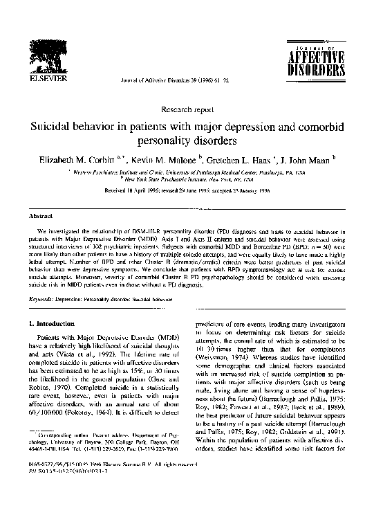 (PDF) Suicidal behavior in patients with major depression and comorbid ...