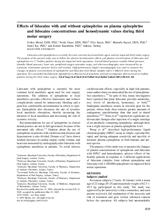 (PDF) Effects of lidocaine with and without epinephrine on plasma