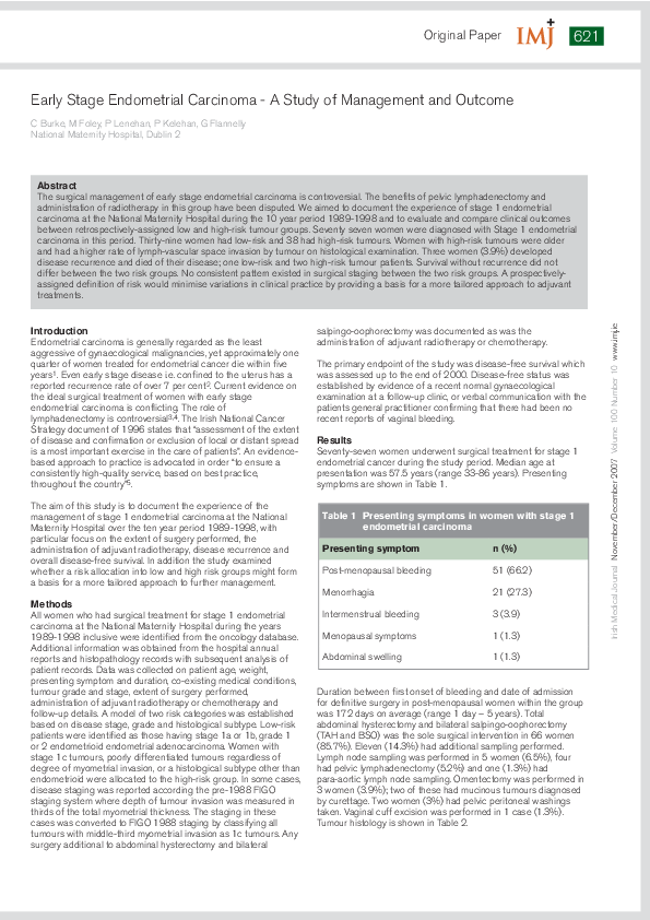 (PDF) Early stage endometrial carcinoma--a study of management and outcome