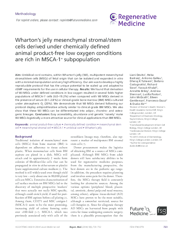 (PDF) Wharton's jelly mesenchymal stromal/stem cells derived under ...