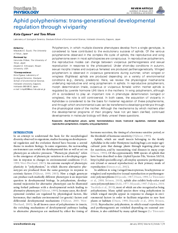 (PDF) Aphid polyphenisms: trans-generational developmental regulation ...