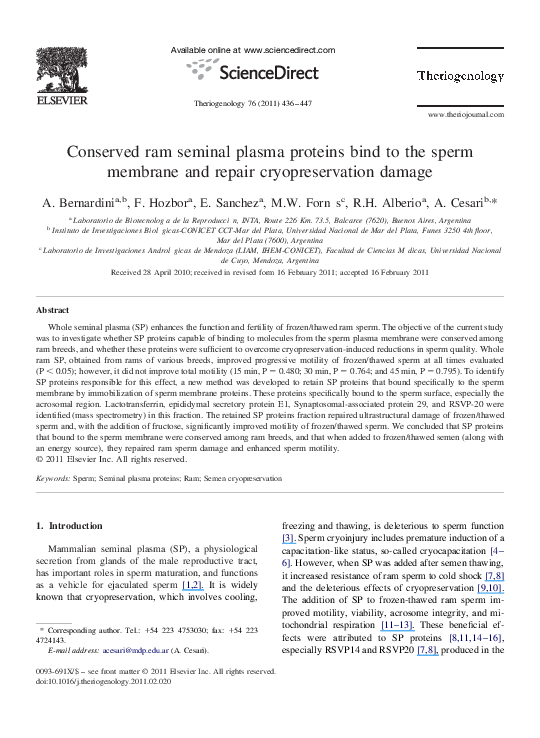 (PDF) Conserved ram seminal plasma proteins bind to the sperm membrane ...